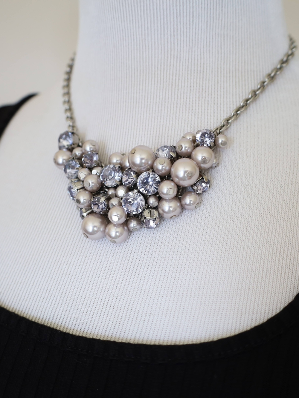 Pearl & Crystal Cluster Statement Necklace - Silver Tone